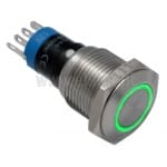 Przycisk sterujący; wandaloodporny; stabilny; metalowy; podświetlanie LED 12V; krawędziowe zielone; NO- NC; płaskie czoło; średnica montażu 16mm