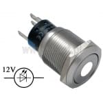 Przycisk sterujący wandaloodporny; monostabilny; metalowy; podświetlanie LED 12V; białe; NO/ NC; płaskie czoło; średnica montażu 19mm