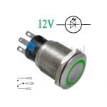 Przycisk sterujący wandaloodporny; monostabilny; metalowy; podświetlanie LED 12V; zielone; NO/ NC; płaskie czoło; średnica montażu 19mm