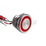 Przycisk sterujący wandaloodporny; monostabilny; aluminium; podświetlanie LED 24V; czerwone krawędziowe; NO piezoelektryczny; płaskie czoło; średnica montażu 22mm